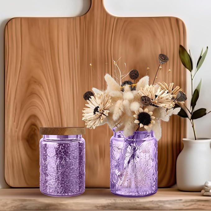 LemonRoad 8 Pcs Vintage Purple Glass Storage Jars 23.67 oz Candy Jar Canister with Solid Wood Lids Food Storage Container for Kitchen, Ground Coffee, Tea, Sugar, Decorative Mason Cookie Jar - Image 6