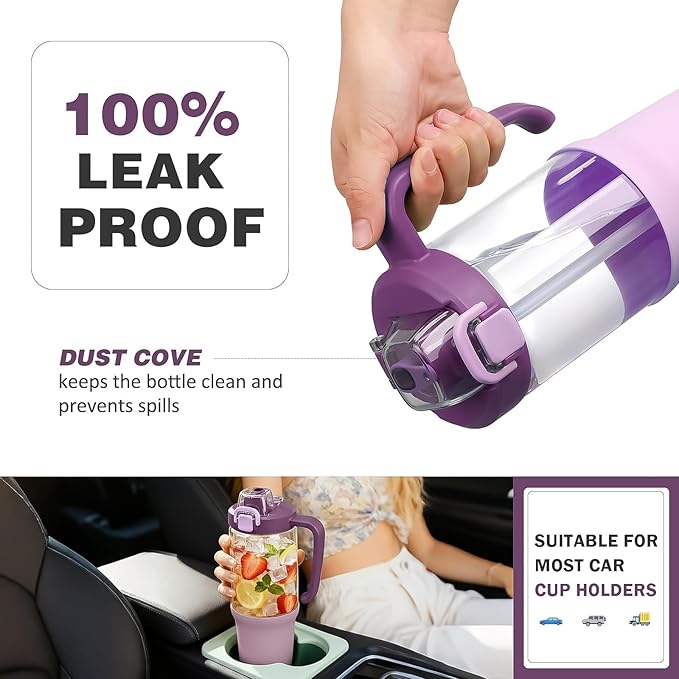 32 oz Glass Tumbler with Handle, 2-in-1 Straw and Sip Spout, Leakproof, BPA-Free Glass Water Bottle for Sports, Office, School, Lilac