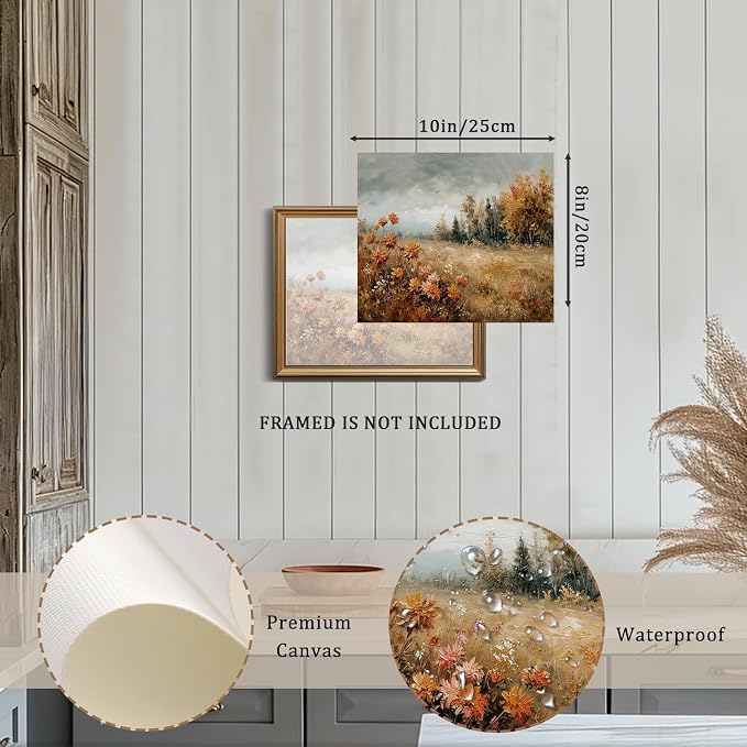 XOCUUI Unframed Canvas Wall Art Vintage Decor, Landscape Wall Art, Meadow with Flowers Art, Modern Farmhouse Decor, Cottagecore Bedroom Bathroom Office Decorations, 8"x10" - Image 3