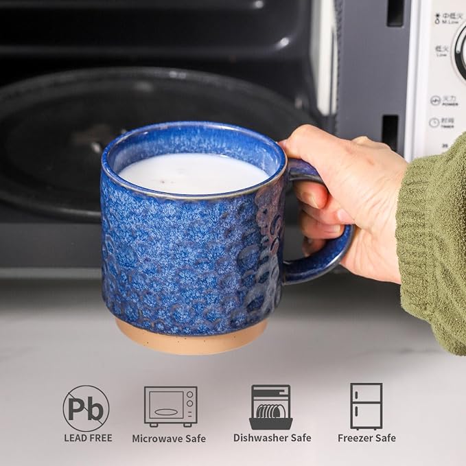 Nihow 16 OZ Ceramic Coffee Mug with Stackable Stand,Set of 4,Blue | Stainless Stand Included, Cappuccino & Tea, Hot/Cold Drinks, Dishwasher & Microwave Safe - Image 3