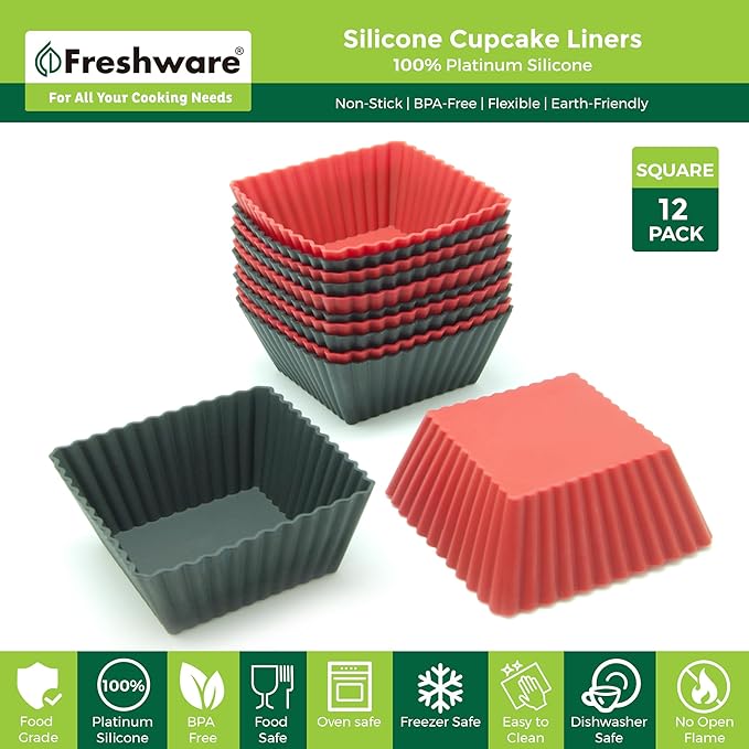Freshware Cupcake Liners, Pack of 12 Silicone Muffin Cups, Baking Cups, Reusable & Non-stick Cupcake Liners for Party Halloween Christmas, Square