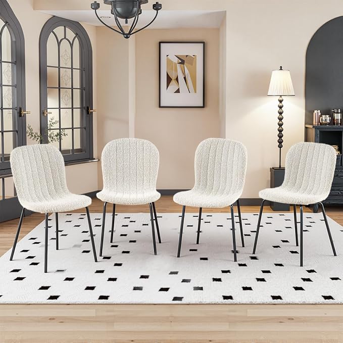 Dining Chairs Set of 4, Modern Boucle Dining Room Chairs with Black Metal Legs, Comfortable Armless Side Kitchen Chair for Home, Living Room, Bedroom, Restaurant, White by SQPFTW