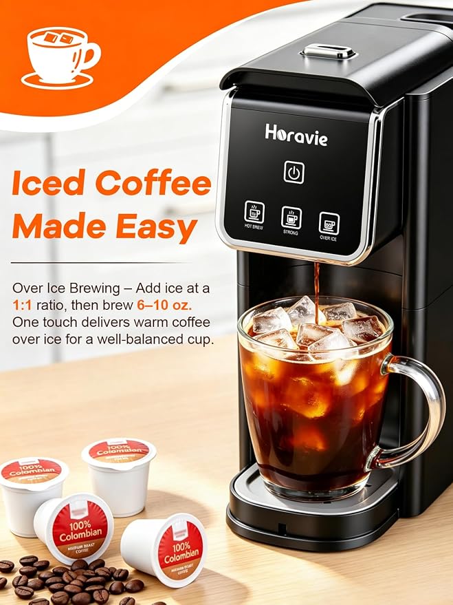 Horavie Hot and Iced Single Serve Coffee Maker, for K-Pod and Grounds, Strong Brew Setting, 6-12 Oz Brew Sizes One Cup Coffee Maker for Home, Travel, RV, Office and Dorm, Black - Image 5