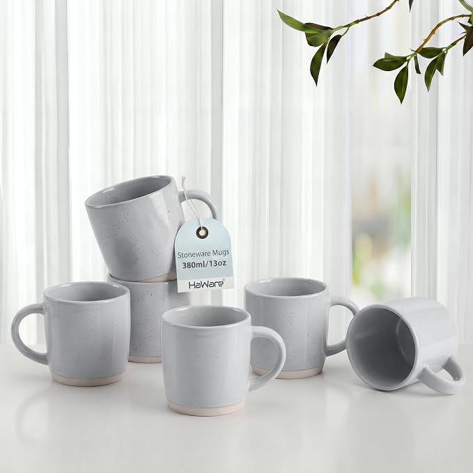 HaWare 13OZ Coffee Mugs Set of 6, Stoneware Coffee Cups, Ceramic Latte Mug for Man, Woman, Dad, Mom, Modern Tea Mugs for Latte/Cappuccino/Cocoa/Milk, Dishwasher& Microwave Safe, Speckled Misty Grey by HaWare