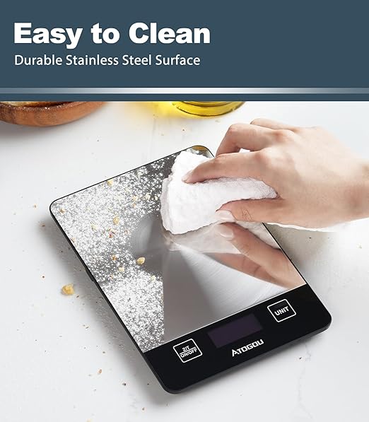 Atogou 1g/ 33lb Food Scale, Rechargeable Kitchen Scale with Full-View Backlit LCD Display, Stainless Steel Surface, USB Charging or AAA Batteries (not Included), for Baking, Cooking, Food Grey