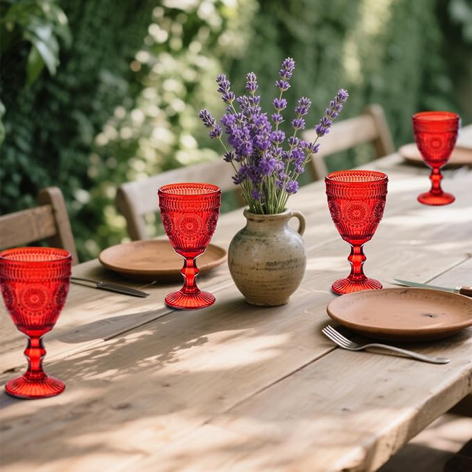 12 Pcs Red Vintage Wine Glasses Set, 10 Ounces Colored Glass Water Goblets, Unique Floral Embossed Pattern High Clear Stemmed Glassware Wedding Party Bar Drinking Cups Fancy Glasses Hand Wash Only - Image 4