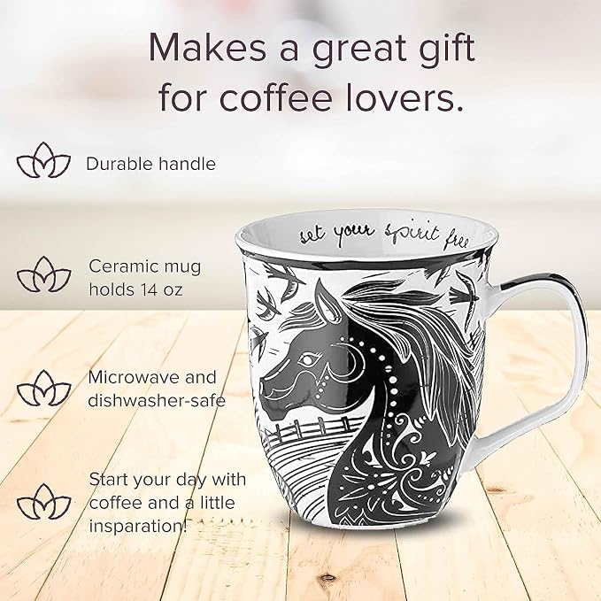 Karma Gifts 14 oz Black and White Boho Mug Horse - Cute Coffee and Tea Mug - Ceramic Coffee Mugs for Women and Men - Image 2