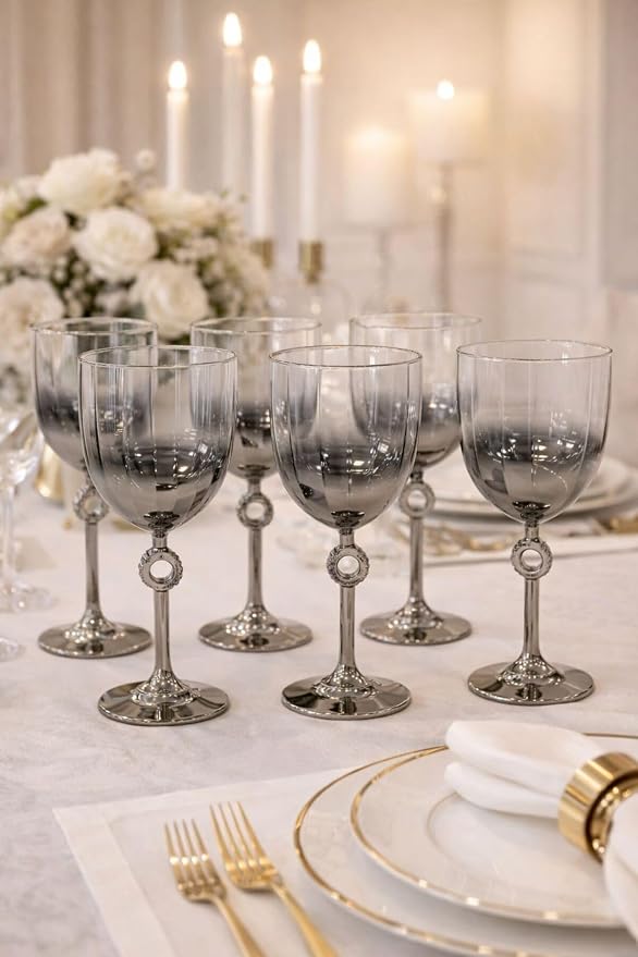 Decorative Glass Tumbler Set of 6 - 9.5 fl oz Capacity with Silver Accents - refined Crystal Look Drinkware for Water, Juice, and Beverages - appropriate for Parties and Daily Use - quality Glassware by Unknown