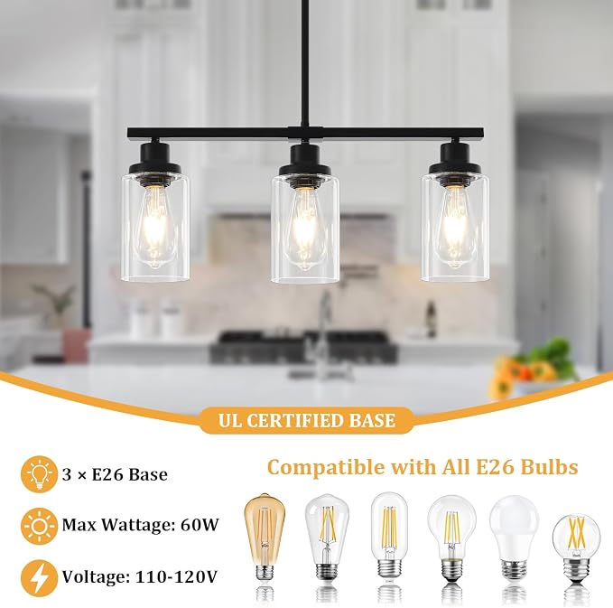 Modern Island Lights for Kitchen Black Dining Room Light Fixtures | 3-Light Linear Chandelier Over Table, 21.25'' Farmhouse Kitchen Island Lighting Clear Glass Shades, Adjustable Height - Image 4