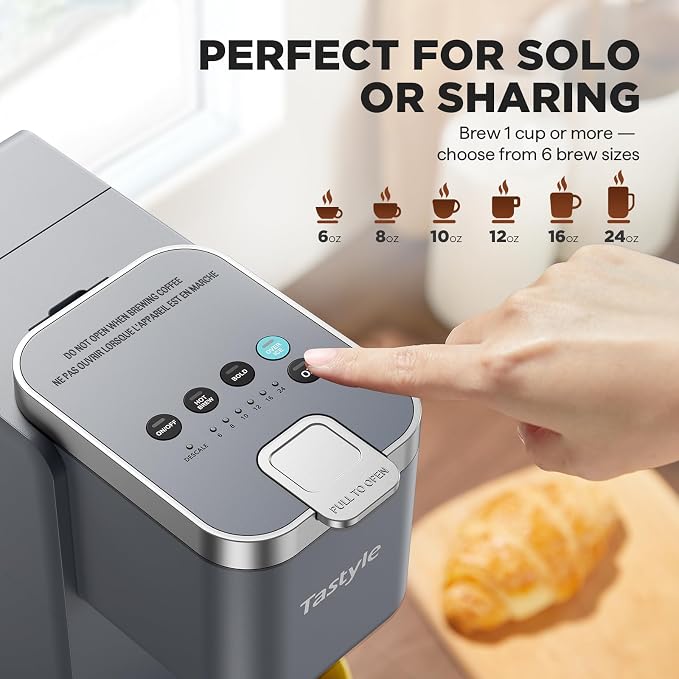 Tastyle Single Serve Coffee Maker for K Cups and Grounds with 3 Brew Styles | 40oz Removable Water Tank, 6 to 24oz Brew Size, Compact Design, Fits 7.3" Travel Mug, for Home, RVs and Office, K330IC, Gray - Image 5