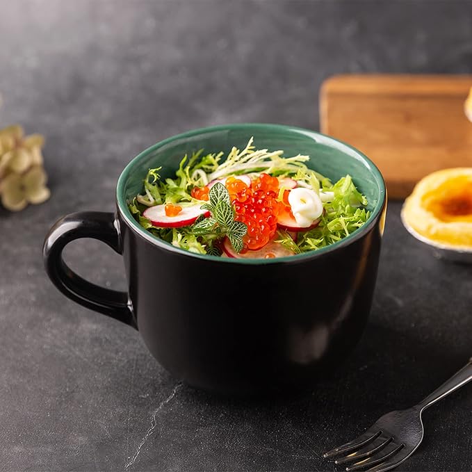 GBhome Jumbo Soup Mugs with Handles, 24 Oz Large Coffee Mugs Set of 4, Ceramic Soup bowls for Soup Cereal Snacks Salad Noodles Cups, Microwave safe - Matte Black, Colorful Inside - Image 4