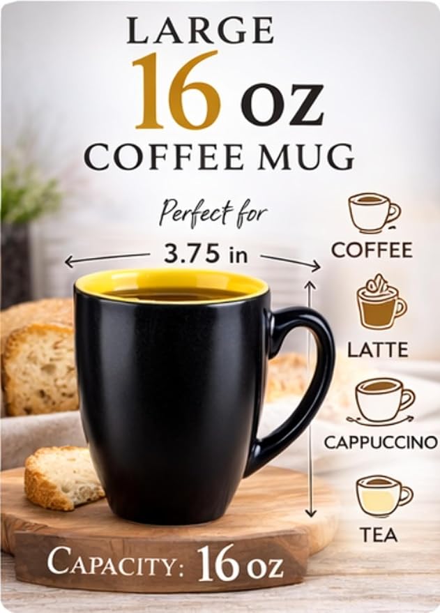 GBhome 16oz Coffee Mugs Set of 6, Large Ceramic Coffee Mugs for Man, Woman, Dad, Mom, Modern Coffee Mugs Set with handle for Tea/Latte/Cappuccino/Milk/Cocoa. Dishwasher&Microwave Safe,Yellow - Image 2