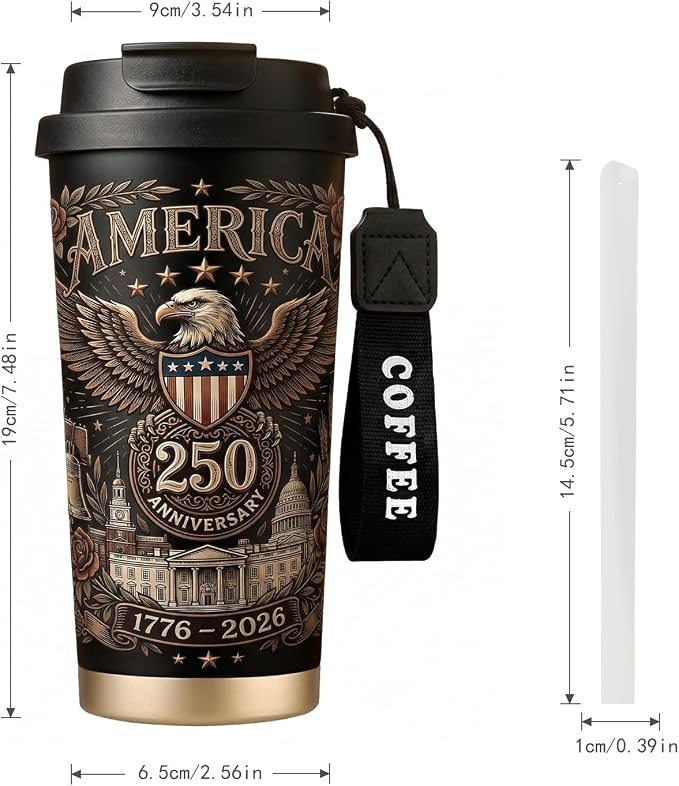 250th Anniversary Coffee Mug, 18 oz Insulated Mug, 250 Years America Garden Flag, Vintage Patriotic Design with 1776-2026 Dates, Military Anniversaries, Retirement & Holiday Commemorative Gift, Black - Image 5