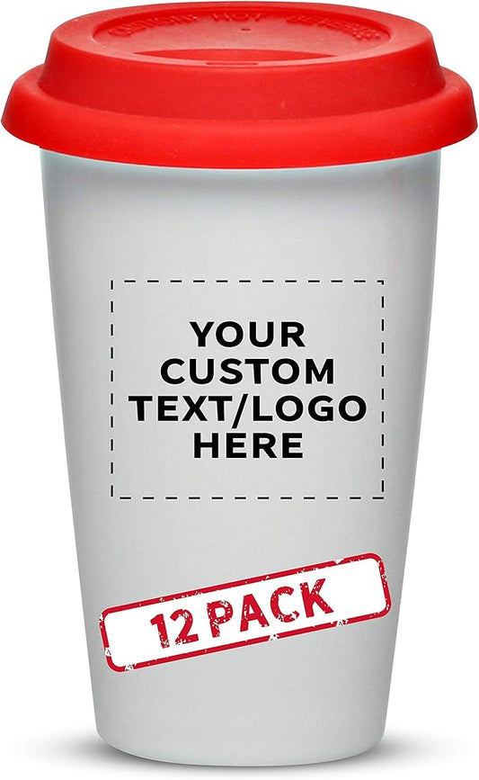 Personalized 11 oz. Double Wall Ceramic Tumblers with Lid - 12 Pack - Custom Text, Logo - Red
