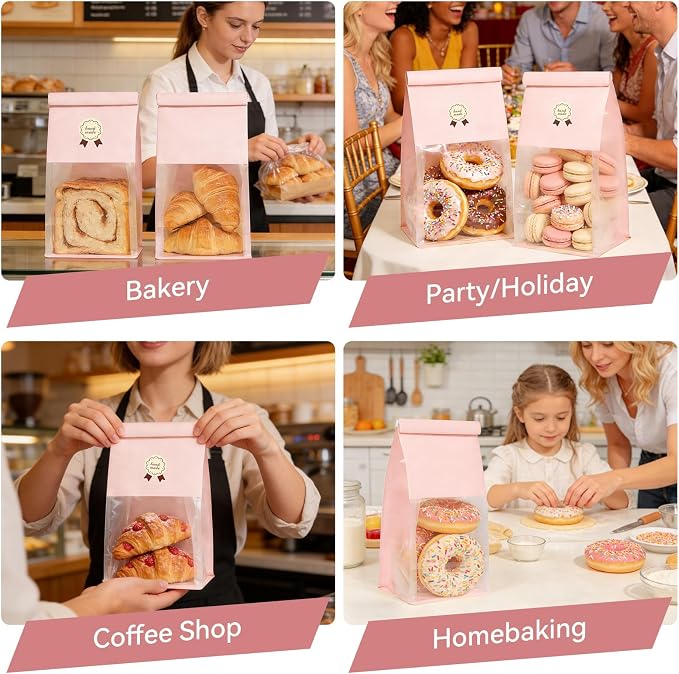 100 Bakery Bags with Window, 5.1x3.9x11 Inches Paper Bread Bags, Tin Tie Tab Lock Cookie Bags Food Storage Bag for Snacks, Popcorn, Candies, 120 pcs Stickers Included (100, Medium) - Image 7