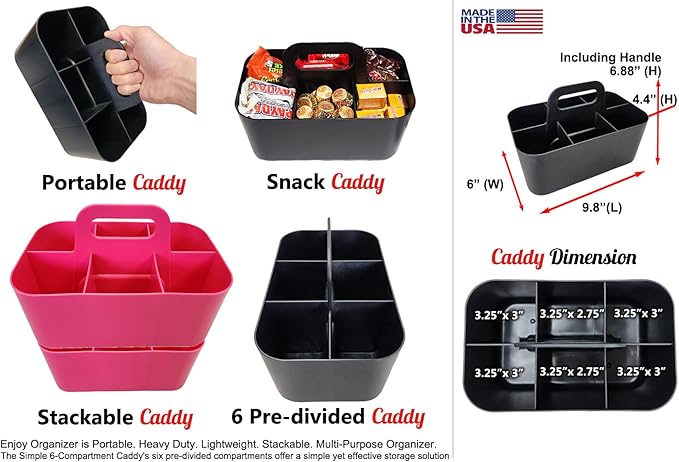 2 Pack Small 6 Compartment Multiuse Caddy Organizer with Handle Art Craft Supplies, Office, Desk, Stationery Pen Holder Stackable- Made In USA (Hot PInk)