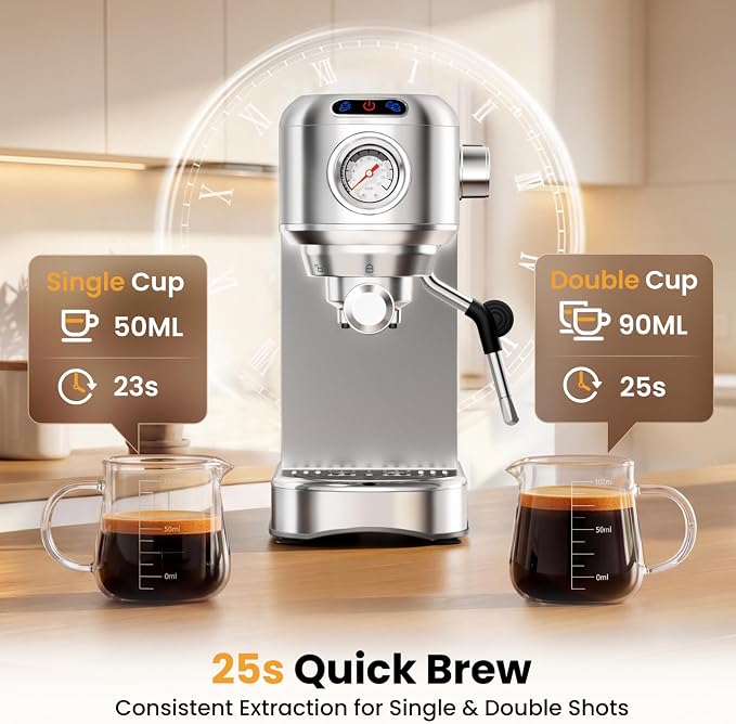 Espresso Machine 20 Bar, Compact Espresso Coffee Machine with Milk Frother, Stainless Steel Coffee Maker with 34oz Removable Water Tank, Cappuccino Machine for Home, Office, Latte (Silver) - Image 8