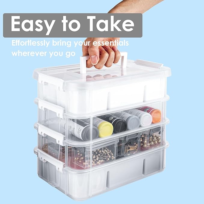 Craft Organizers and Storage, 11QT 4-Layer Durable Sewing Organizer for Sewing Supplies with 2 Removable Trays, DIY Kit Container for Seasonal Decor, Tool, Scrapbook and Art Supplies