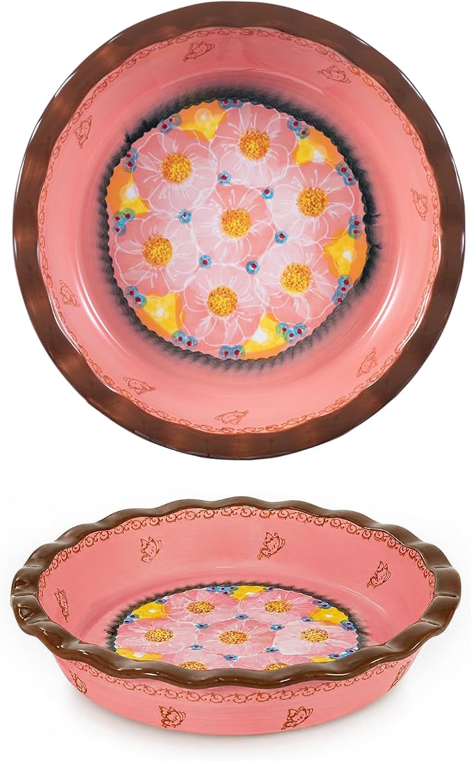 Ceramic Pie Pan for Baking, 10.6 in Hand-Painted Pie Plate for Cooking, 37 oz Deep Dish Pie Pans, Non-Stick Pie Dishes for Apple Pie, Tart, Pizza, Quiche, Oven & Dishwasher Safe, Lead-Free, Pink by Unknown