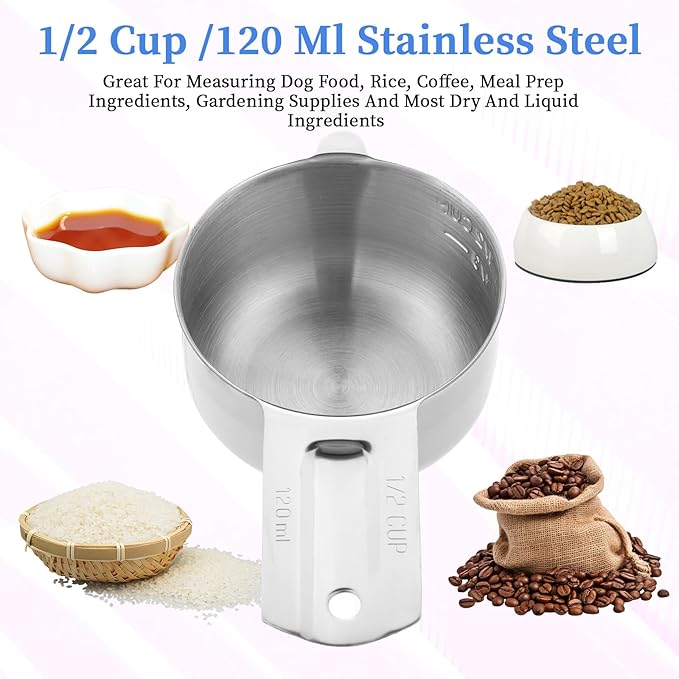 4 Pack 1/2 Cup Stainless Steel Measuring Cup 120 ml | 120 cc | 4 oz Metal Measuring Cups with Handle Kitchen Cooking Gadgets Rice Measurings Cups for Wet and Dry Ingredients