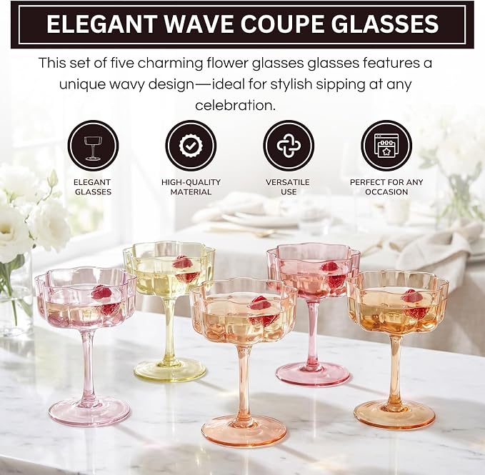 Summer Flower Scalloped Vintage Wavy Petals Wave Glass Coupes 7oz Colorful Martini, Champagne & Cocktails, 5 Set Colored Rippled Champagne Glasses, Elegant Bar Glassware, Aesthetic Coupe Glassware - Image 4