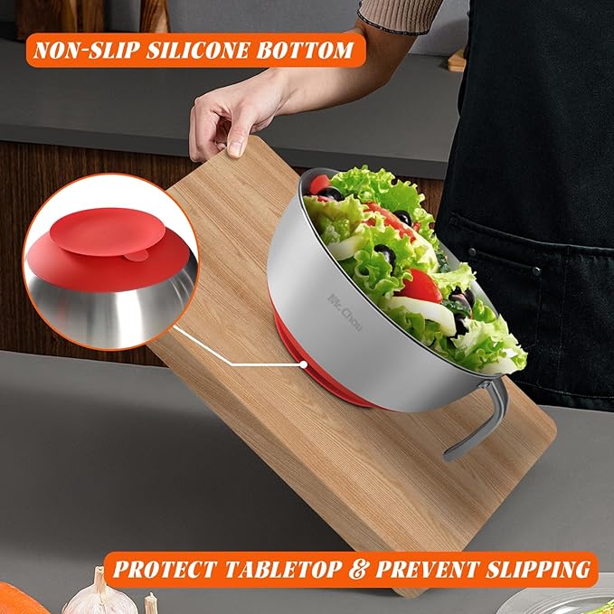 Suction Mixing Bowl SUS304 Stainless Steel w/Non-Slip Silicone Suction Cups Base, Egg Beating Bowls with Handle Baking Bowl Tool for Cooking Baking Prepping Food Storage Batter Bowl Deepen