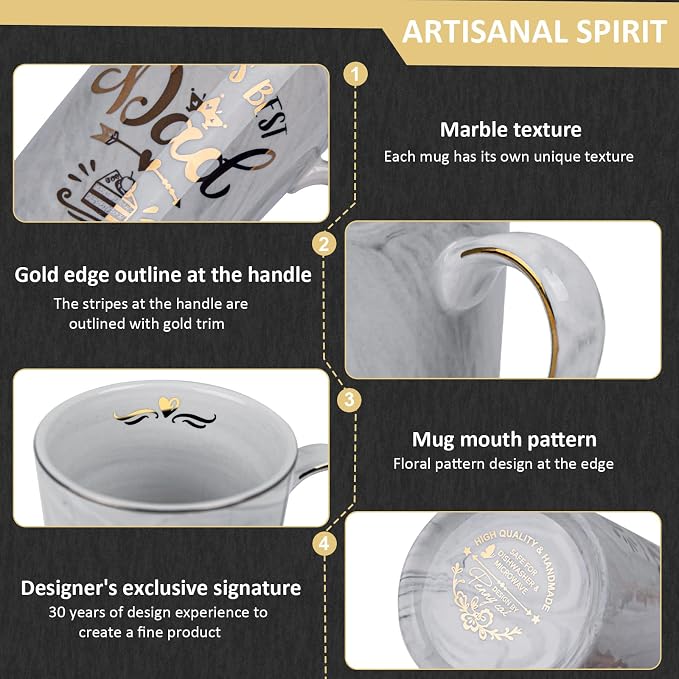 Birthday Gifts Presents for Dad from Daughter Son - World's Best Dad Mug | Funny 14oz Grey Marble Ceramic Coffee Cup with Gold Print, Lid, Spoon, Greeting Card, Nice Gift Box, Fathers Day Daddy Gift - Image 3