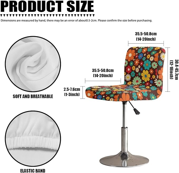 60s 70s Hippie Flower Bar Stools Covers 2 Pcs Barstool Slipcovers Elastic Stool Cushion Cover Swivel Barstool Covers Slipcovers for Low Short Back - Image 7