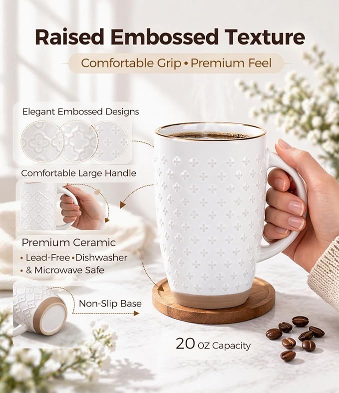 GBhome 20oz Large Coffee Mugs Set of 6, Handmade Tall Ceramic Coffee Mugs with Texture Patterns for Cappuccino, Latte,Hot Cocoa, Dishwasher & Microwave Safe-Off White - Image 4