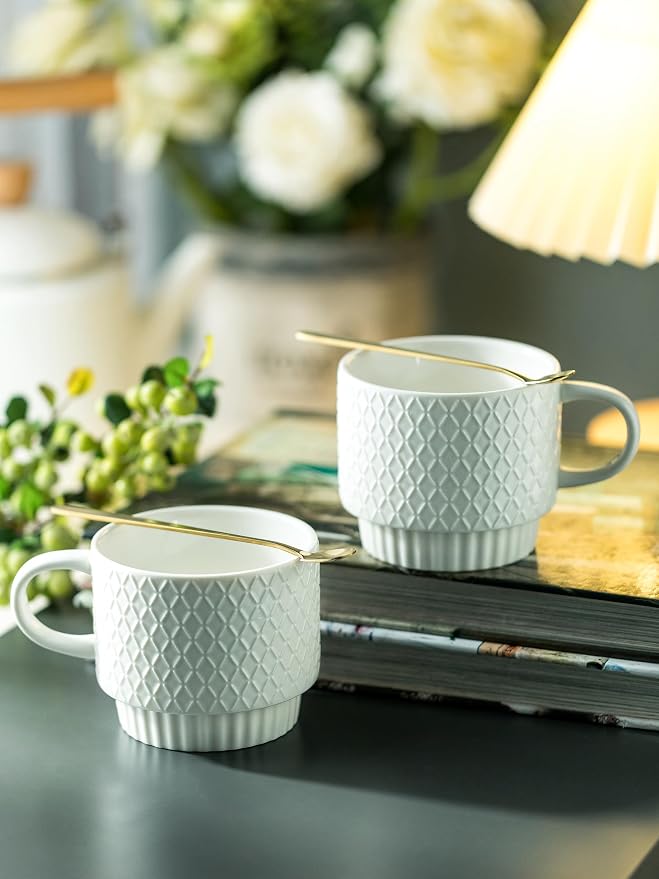 LYEOBOH Stackable Coffee Mugs with Rack, 13 oz Ceramic Coffee Mug Set of 4 with Stand, Latte Cup with Spoon, Cappuccino Cups for Hot Cocoa, Milk, White - Image 6