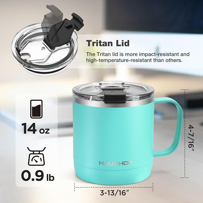HAUSHOF 14 oz Coffee Mug, Insulated Coffee Mug with Handle, Travel Camping Cup, Portable Stainless Steel Coffee Cup, Insulated Coffee Cups with Lid, Lake Blue - Image 2