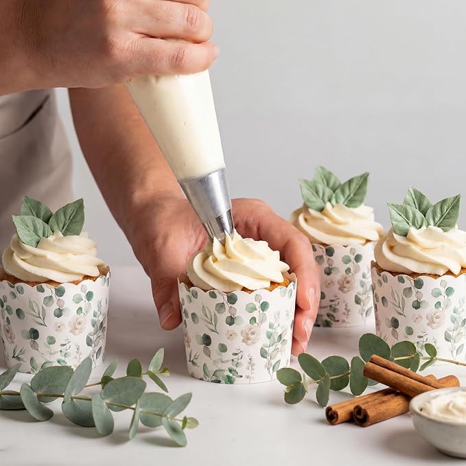 Qinyoung 150 Pcs Green Eucalyptus Leaf Paper Baking Cups Greaseproof Disposable Cottagecore Cupcake Liner Greenery Cupcake Muffin Case for Spring Summer Wedding Bridal Baby Shower Birthday Party Decor - Image 3