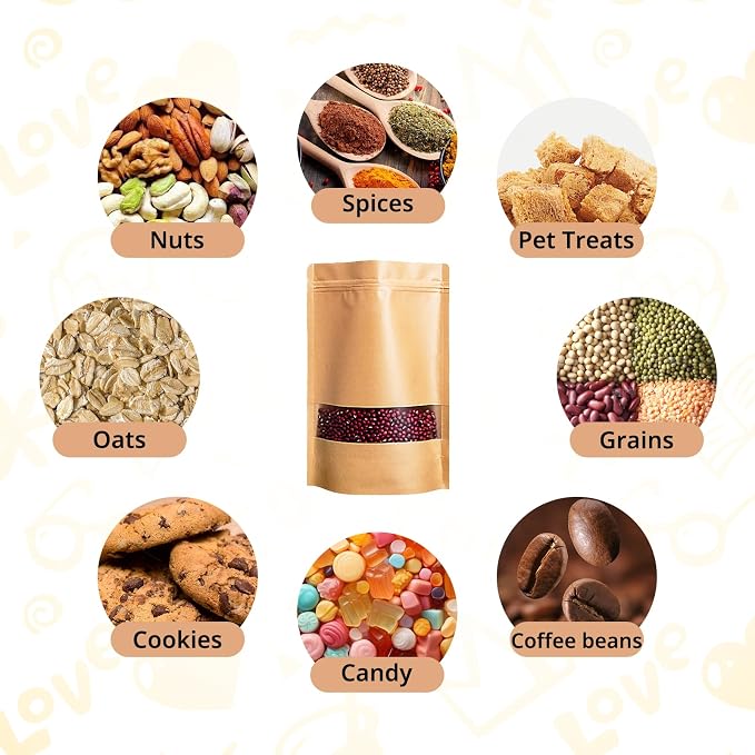 80PCS 7"X10" Kraft Paper Bags with Window,Resealable Small Stand Up Pouches for Food Storage,Reusable Zipper Lock Packaging Bags for Small Business&Personal,Candy,Cookie,Snacks,Tea,Coffee - Image 6