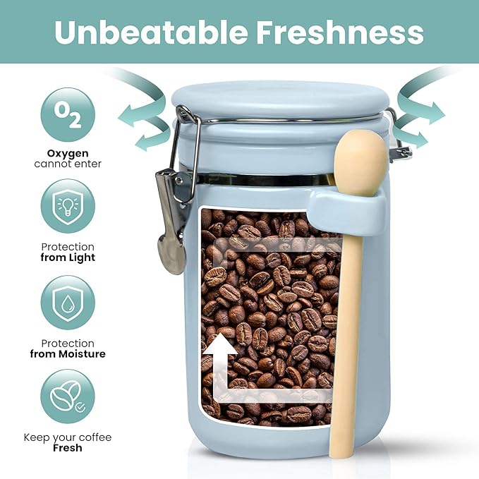 Home Intuition 4-Piece Ceramic Kitchen Canisters Set, Airtight Containers with Wooden Spoons Reusable Chalk Labels and Marker for Sugar, Coffee, Flour, Tea (Light Blue) - Image 4