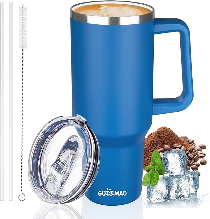 40 oz Insulated Coffee Mug with Ceramic Coating, Stainless Steel Travel Mug Tumbler with Handle Lid and Straw, Double Wall Leak-Proof Coffee Travel Mug Keeps Drink Hot and Cold (Blue) by GUDEMAO