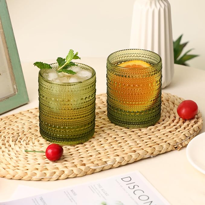 Moretoes 12 Pack 10 Oz Green Vintage Hobnail Drinking Glasses Set | Cocktail Glasses Vintage Glassware, Textured Glass Cups Bubble Glasses Water Glasses Old Fashion Jupiter Glasses Set - Image 2