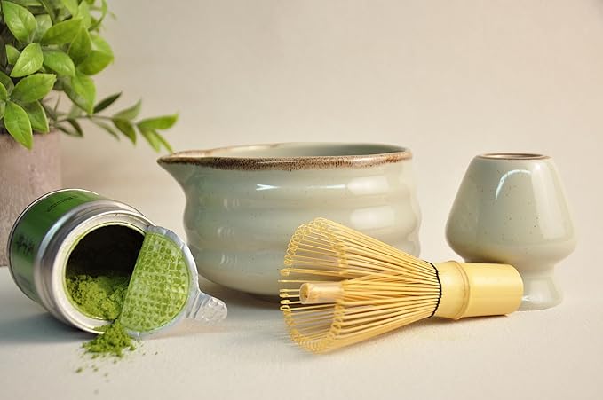 Matcha Whisk Set, Ceramic Matcha Set Includes Matcha Bowl, Matcha Whisk Chasen and Whisk Holder, Sifter, Bamboo Scoop, Scoop Rest and Tea Towel-7 Pcs Matcha Kit for Matcha Lovers, Misty Gray