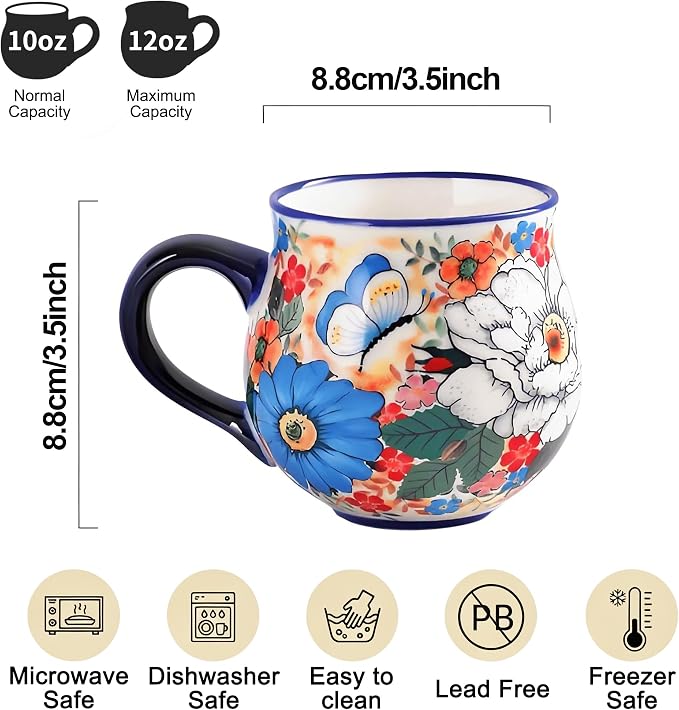 ALMA 12oz Handpainted Ceramic Tea Mugs | Microwave & Dishwasher Safe, Ideal for Morning Coffee Tea, Home Kitchen Dining Room Display, For Home Makers & Women - Image 2