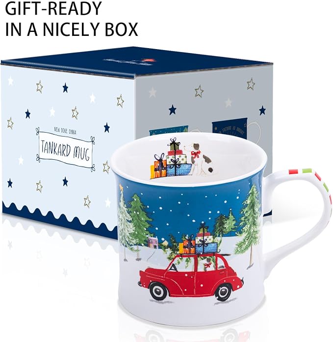 12 oz Christmas Car Coffee Mug, Festive New Bone China Mug with A Red Beetle in Snowy Winter Scene, Holiday Gift for Car Lovers, Kids & Family, Designed in England by Harvest Green Studio - Image 4
