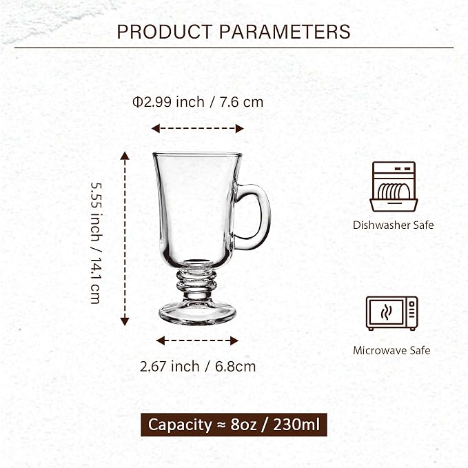 Glass Coffee Cups - 8 Oz Irish Coffee Mugs Set of 6 | Glass Cups with Handle, Footed Clear Cappuccino Cup, for Hot Cold Beverages, Lead-free, BPA free - Image 2