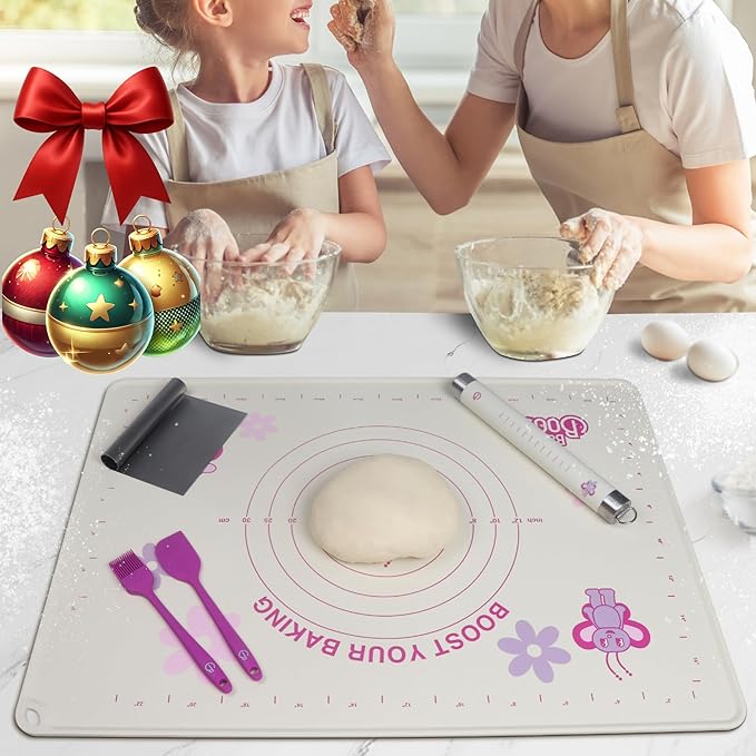 Silicone Baking Mat Gift Set – XL Non-Stick Pastry Mat with Rolling Pin, Dough Scraper, Spatula & Brush | Perfect Christmas Baking Kit for Cookies, Pies & Holiday Treats | Gift-Ready Box
