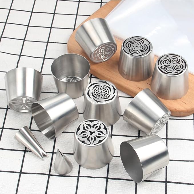 22 Pcs Stainless Steel Extra Large Russian Tulip Flower Icing Tips Set, 10 XXL Piping Nozzle,1 Big Leaf Tip,1 Petal Rose Flower Tip,10 Disposable Pastry Bags for Cake Decorations