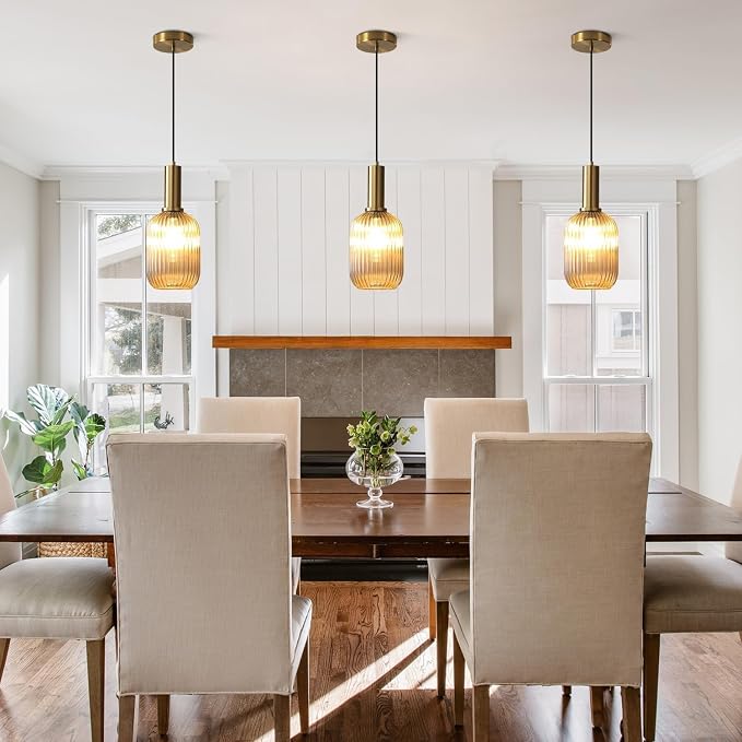 KCO Modern Brushed Gold Mini 5.1” Cylinder Amber Ribbed Glass Pendant Light | E26 Bulb Hardwired, Adjustable Cord Mid Century Vintage Brass Hanging Ceiling Lamp for Sloped Ceiling Kitchen Dining Room Bar - Image 7