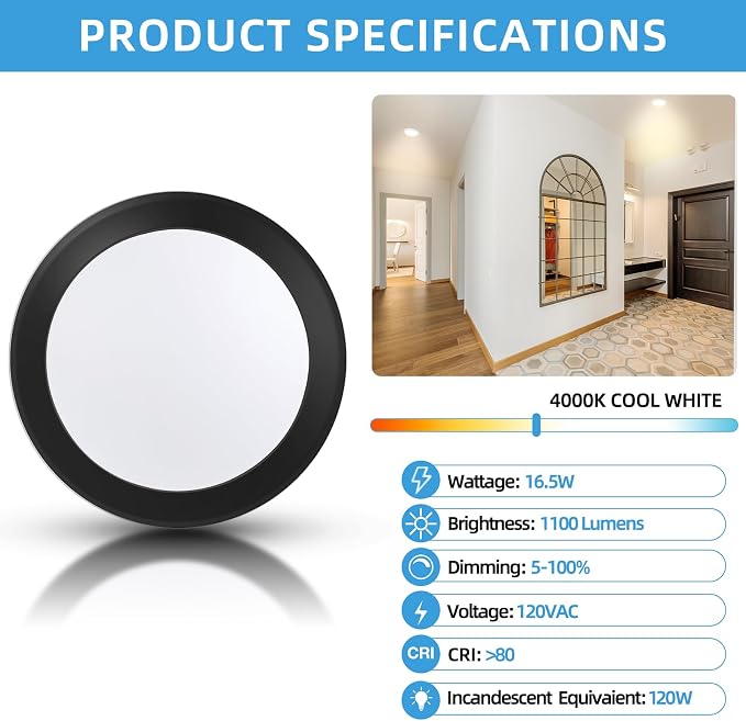 ECOELER 5/6 Inch Black LED Disk Lights, Dimmable Flush Mount Disc Downlight, 16.5W, 1100Lm, 4000K Cool White, Low Profile Recessed Can Lighting for Bedroom, Office, Garage, ETL & FCC, 12 Pack - Image 3