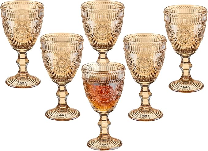 Vintage Wine Glasses Set of 6, 10 Ounces Colored Glass Water Goblets, Unique Flower Embossed Pattern High Clear Stemmed Glassware Wedding Party Bar Glass Drinking Cups Flower Amber Fancy Glasses by XKXKKE