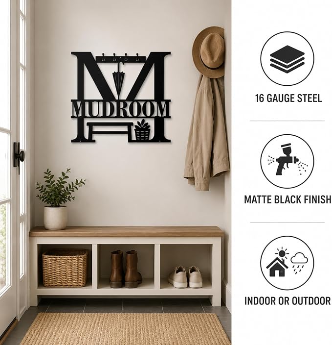 Mudroom Metal Wall Decor, Farmhouse Entryway Sign, 14 Inch | 14-inch matte black metal mudroom sign with pre-drilled holes for farmhouse entryway, hallway, or utility room decor. - Image 4