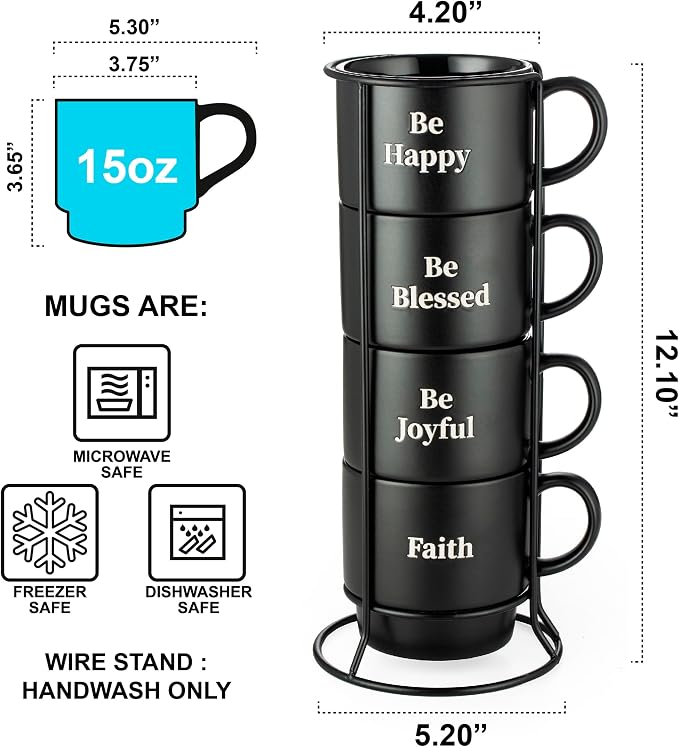 Signature Housewares Be Happy Stackable Stoneware Coffee Mug Set with Metal Rack - 15 Ounce Coffee Mugs for Coffee, Tea, Hot Chocolate, Milk, Set of 4, Matte Black (Pack of 4) - Image 2
