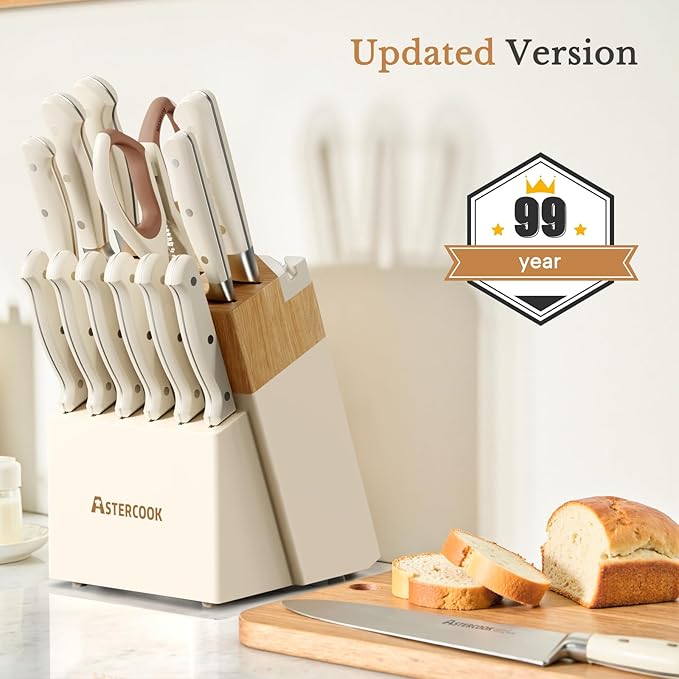 Knife Set,Astercook Kitchen Knife Set with Block 14-Piece Full Tang Stainless Steel Knives with Sharpener Dishwasher Safe and Anti-Slip Ergonomic Handle Utensils Set - Image 3