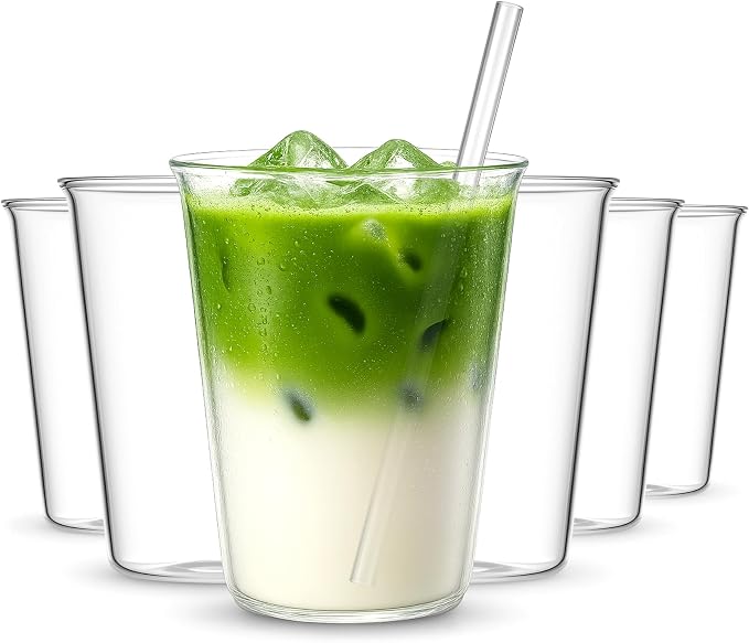 Set of 6 11.8 oz Clear Drinking Glass with Straws 340 ml Iced Tea Beer Cups Heat Resistant Kitchen Glassware for Juice, Beverage, Cocktail, Coffee, Soda by Ferrochef