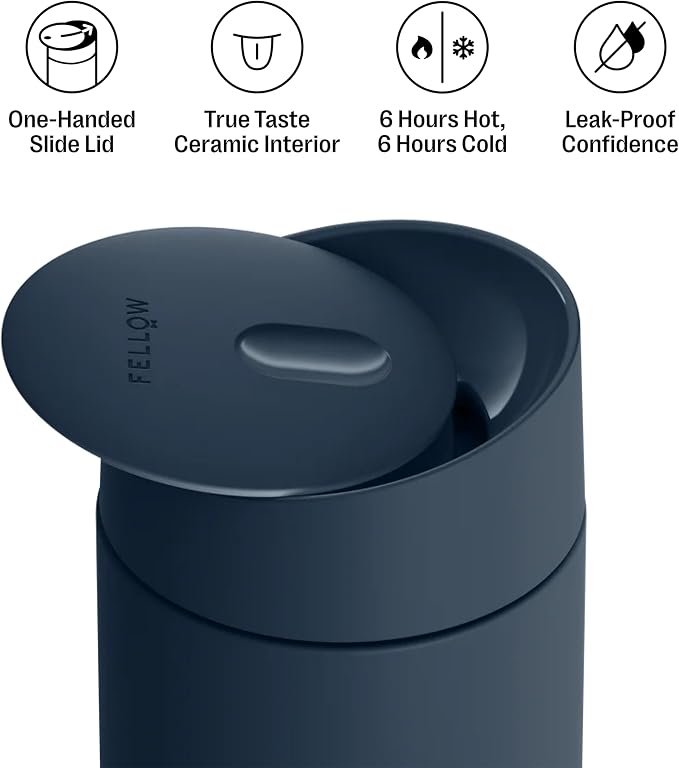 Fellow Carter Slide Ceramic Lined Travel Coffee Mug 12 oz, One-Handed Lid | No Metallic Taste Stainless Steel Coffee Tumbler, Leak-Proof, Hot 6Hr Cold 6Hr, BPA-Free, Dishwasher Safe, Stone Blue - Image 2